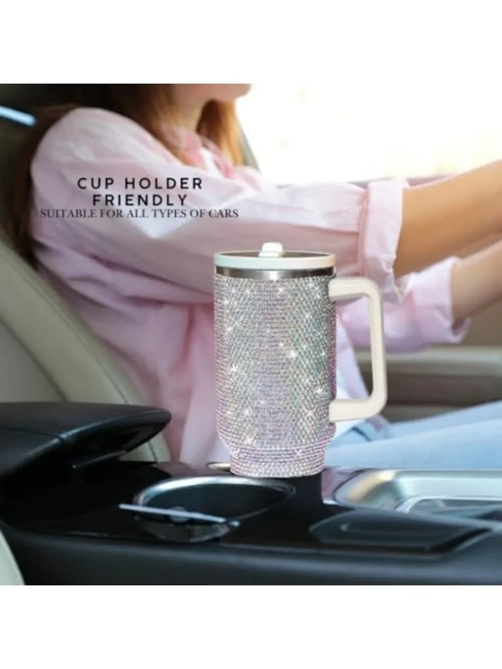 40 Oz Insulated Rhinestone Tumbler with Handle & Flip Straw | Leak Proof Bling